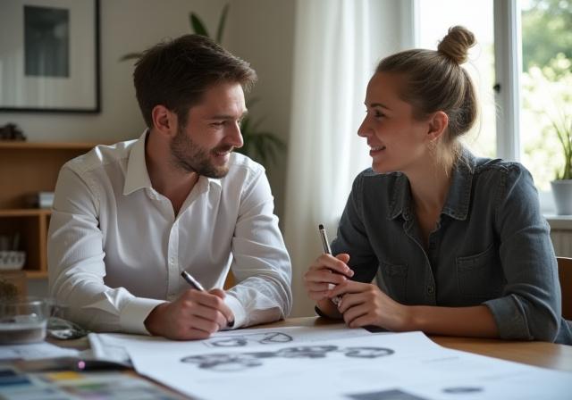 Interiørdesigner i samtale med klient, tegner og diskuterer