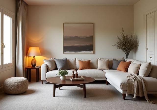 Et ferdig innredet, lyst og harmonisk stue med planter og kunst